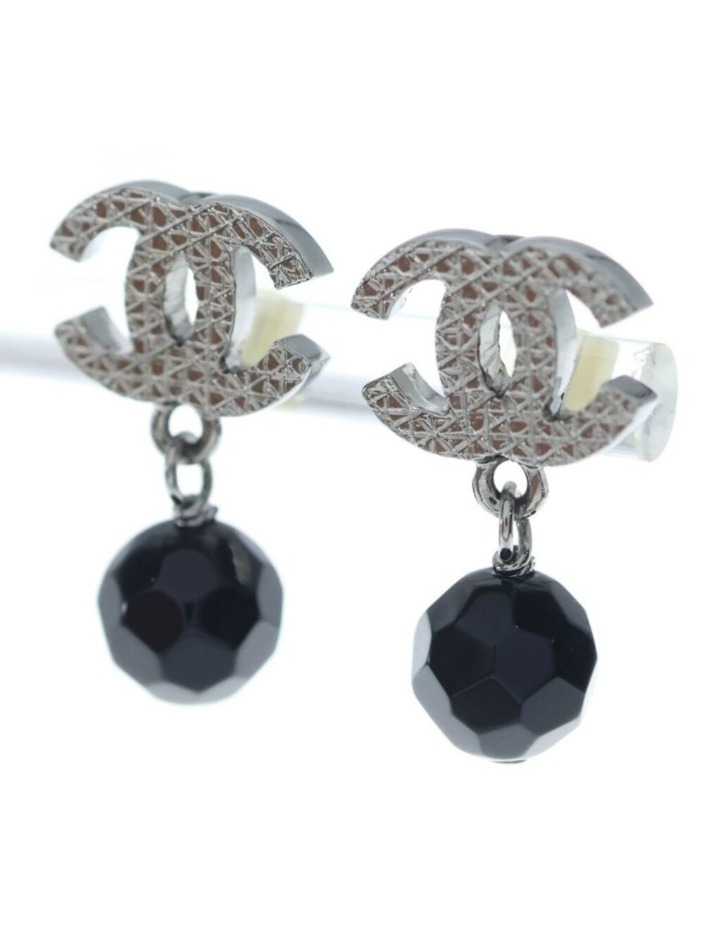 Chanel CC Logo Swing Earrings Black Silver